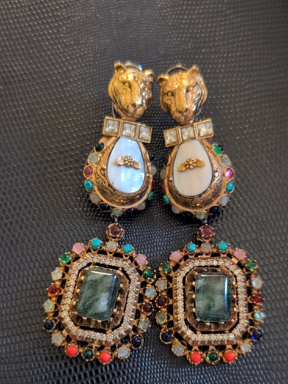 Gold-Tone Multicolor Drop Earrings with Green Center Stones